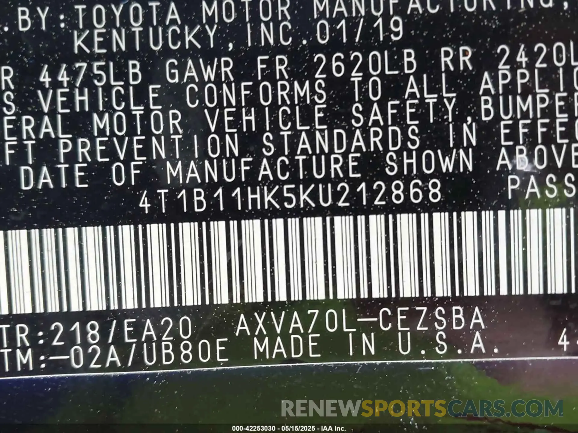 9 fotografías del automóvil dañado 4T1B11HK5KU212868 TOYOTA CAMRY 2019