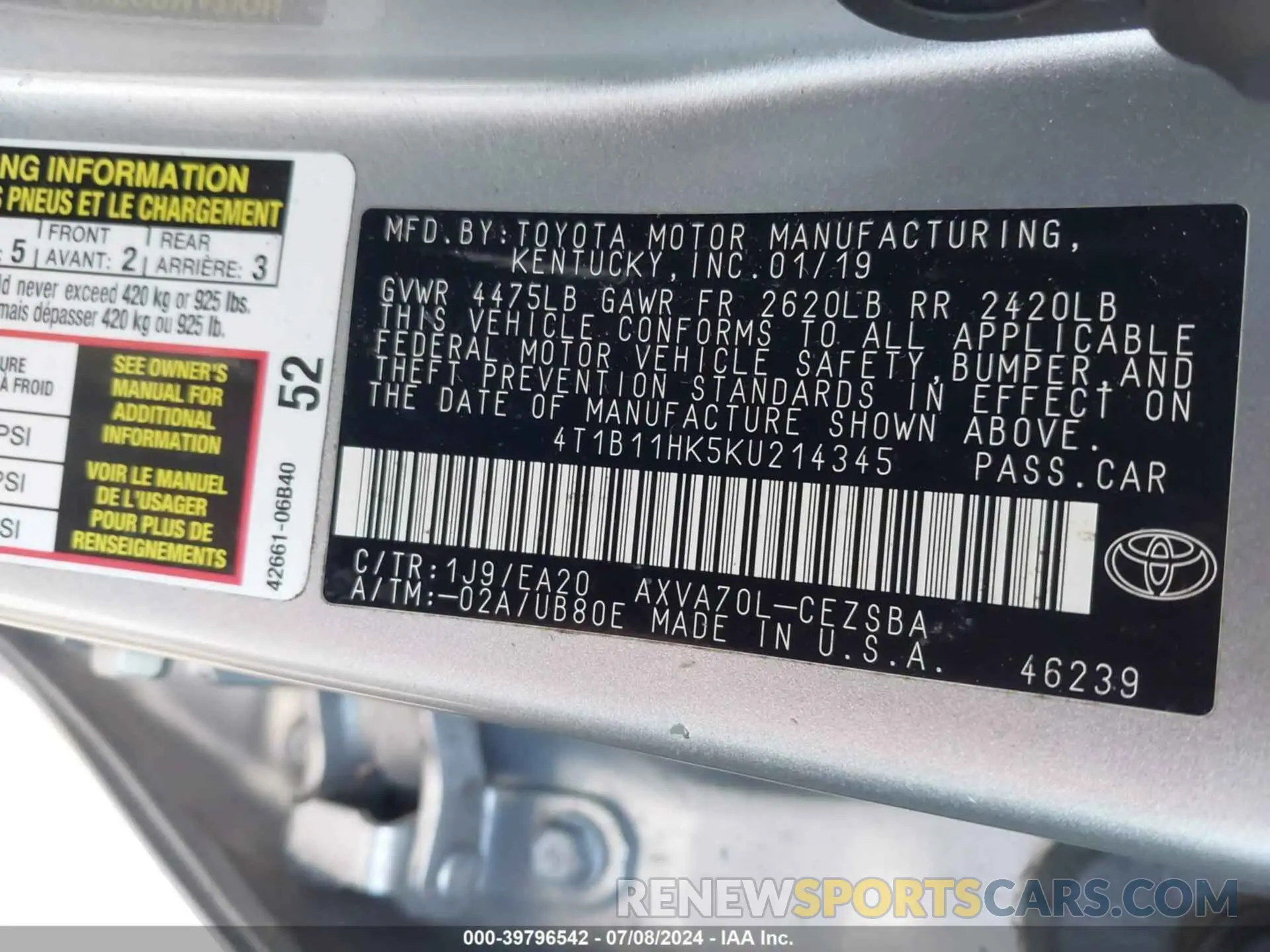 9 fotografías del automóvil dañado 4T1B11HK5KU214345 TOYOTA CAMRY 2019