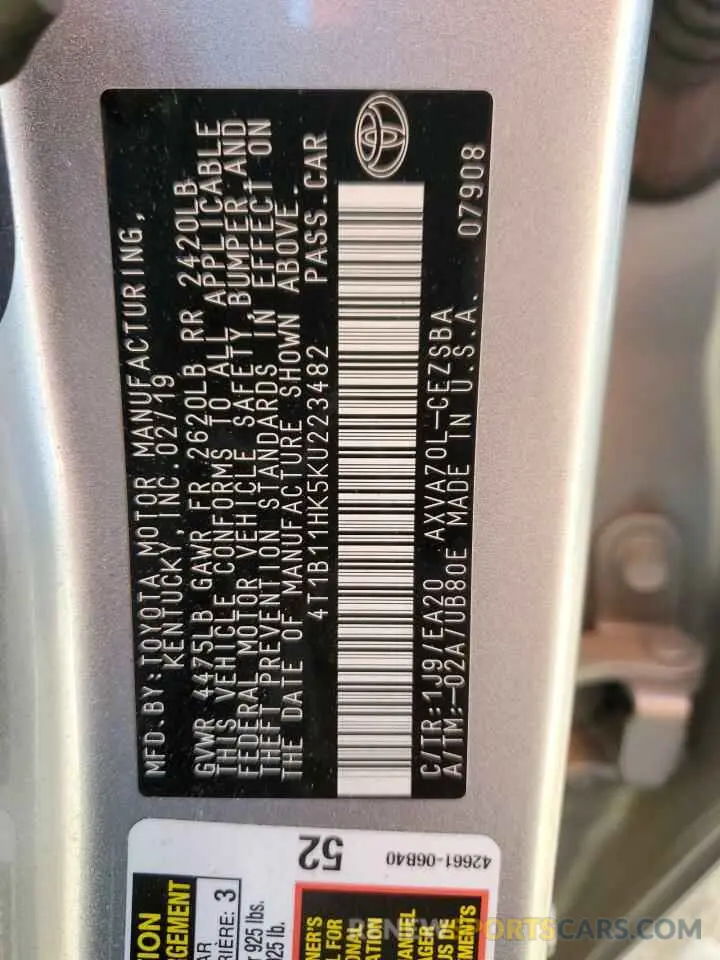 12 fotografías del automóvil dañado 4T1B11HK5KU223482 TOYOTA CAMRY 2019