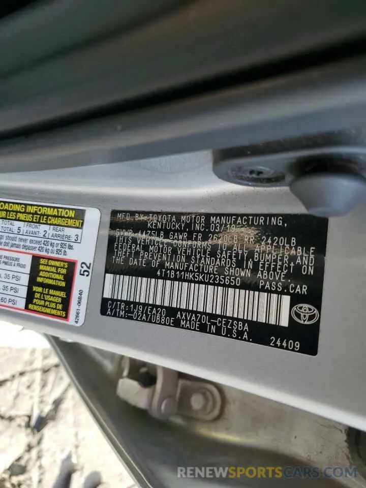 12 fotografías del automóvil dañado 4T1B11HK5KU235650 TOYOTA CAMRY 2019