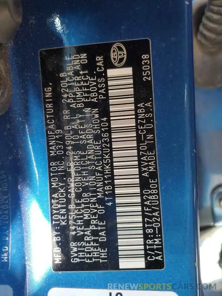 12 fotografías del automóvil dañado 4T1B11HK5KU236104 TOYOTA CAMRY 2019