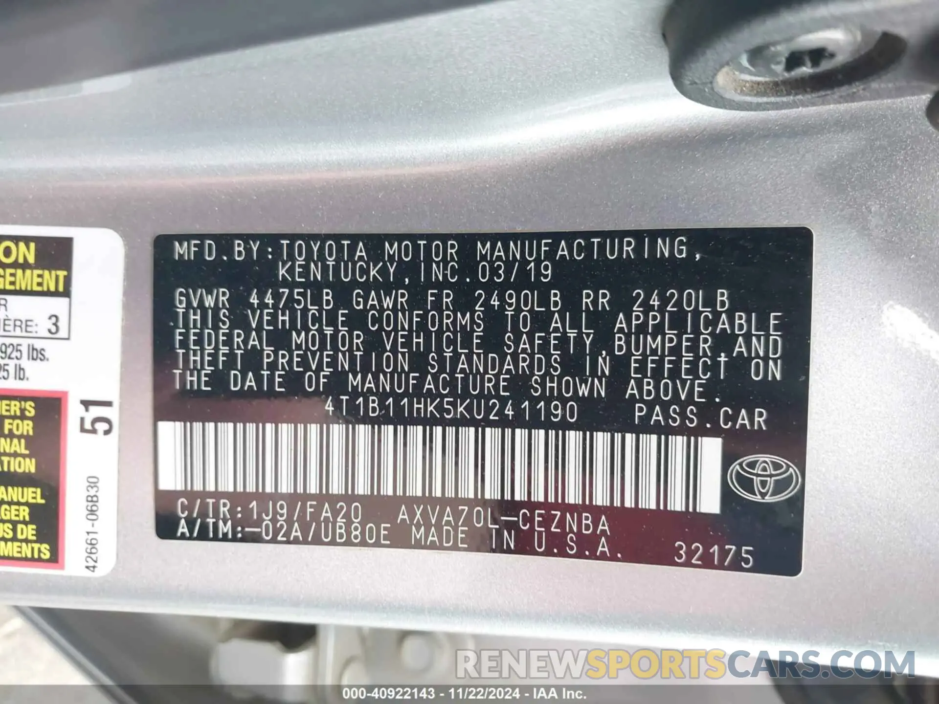 9 fotografías del automóvil dañado 4T1B11HK5KU241190 TOYOTA CAMRY 2019