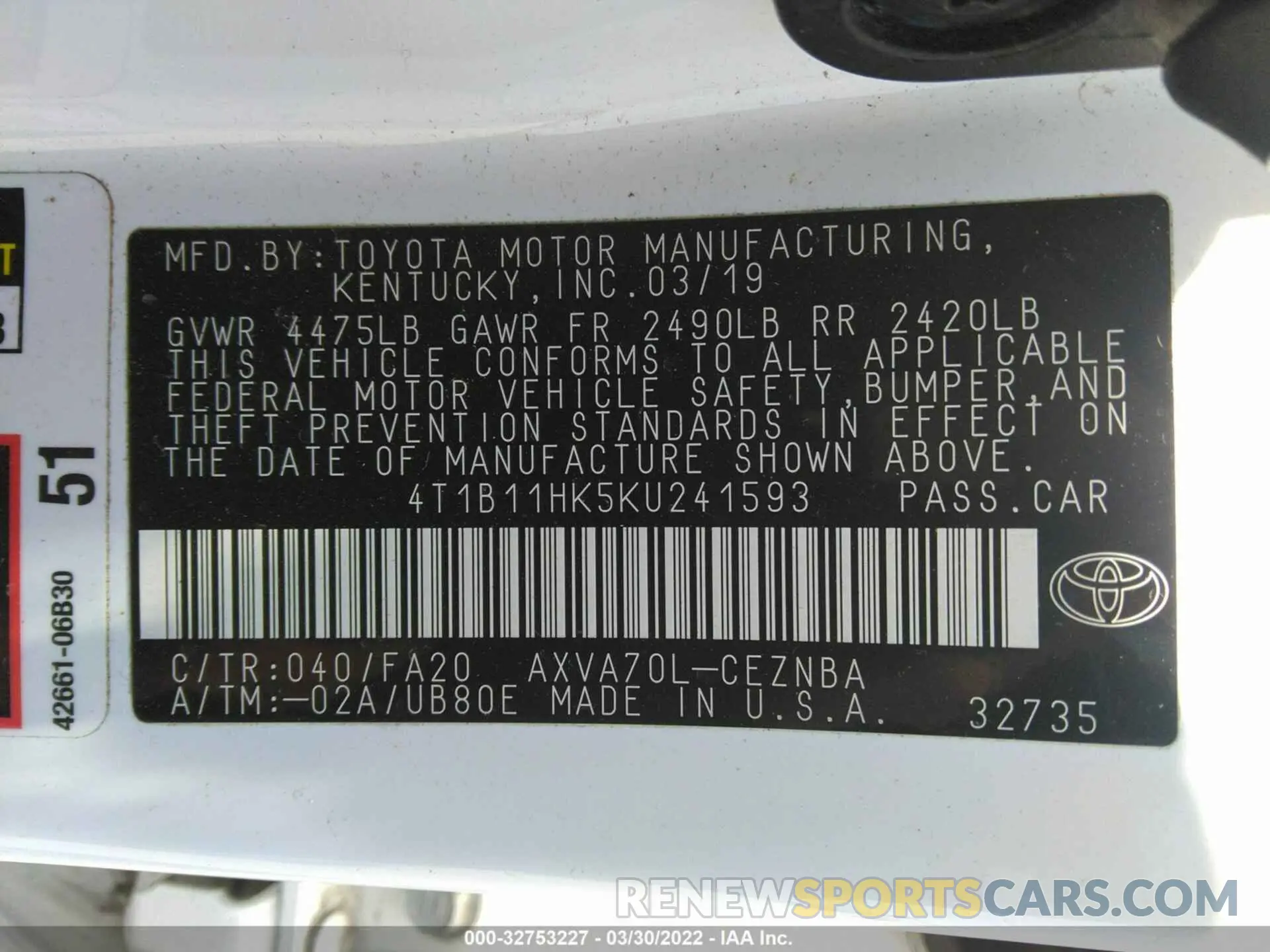 9 fotografías del automóvil dañado 4T1B11HK5KU241593 TOYOTA CAMRY 2019