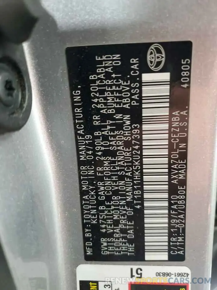 13 fotografías del automóvil dañado 4T1B11HK5KU247393 TOYOTA CAMRY 2019
