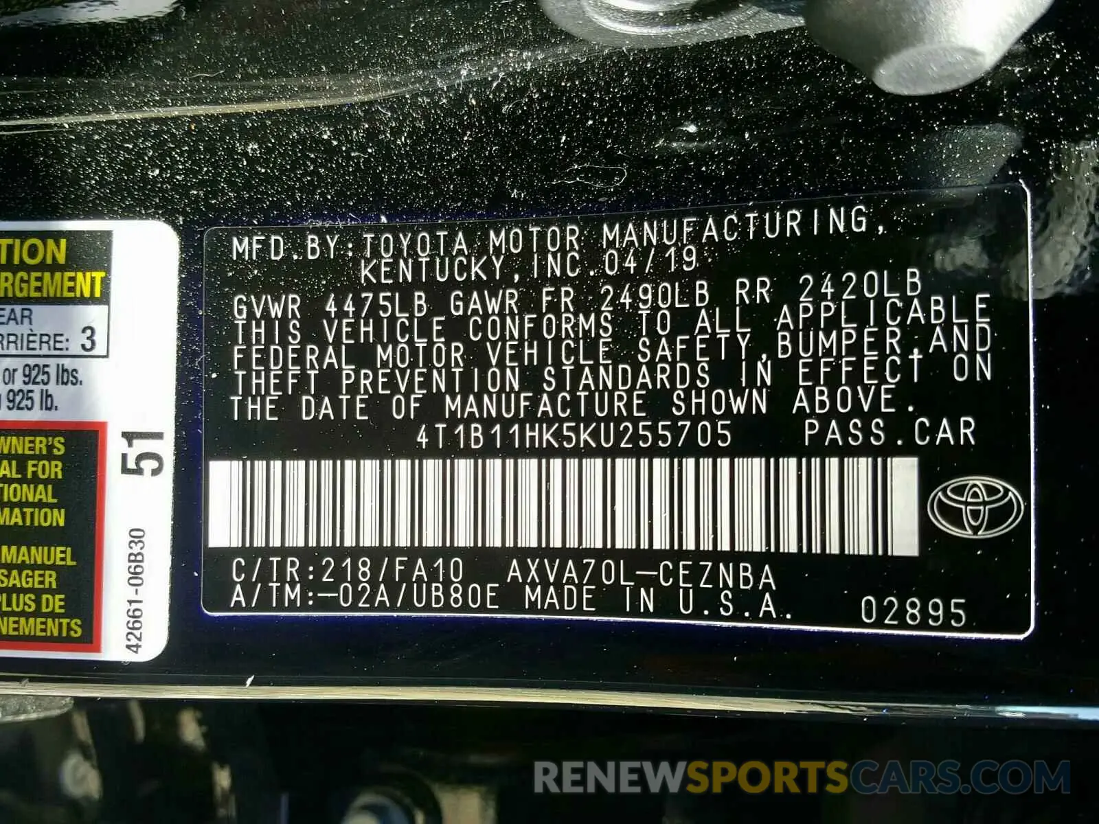 10 fotografías del automóvil dañado 4T1B11HK5KU255705 TOYOTA CAMRY 2019