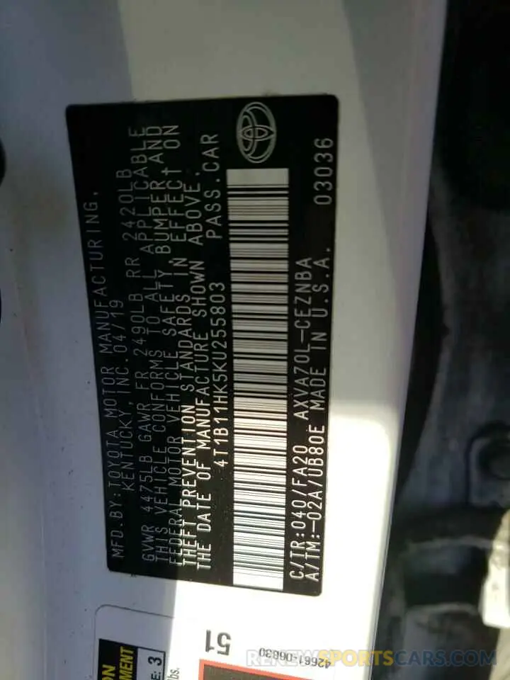 12 fotografías del automóvil dañado 4T1B11HK5KU255803 TOYOTA CAMRY 2019
