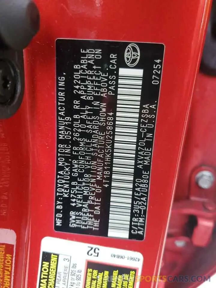 12 fotografías del automóvil dañado 4T1B11HK5KU258684 TOYOTA CAMRY 2019