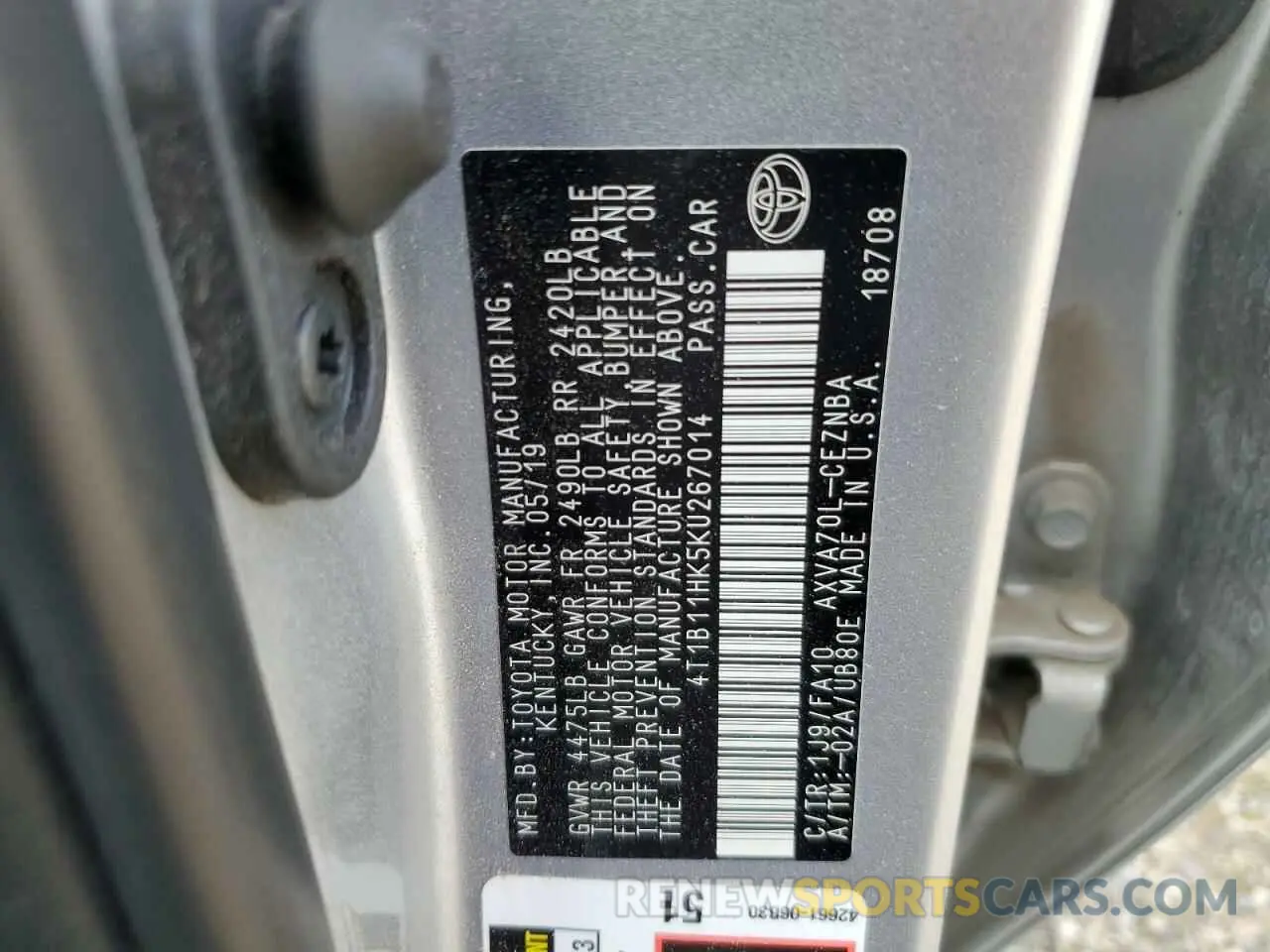 12 fotografías del automóvil dañado 4T1B11HK5KU267014 TOYOTA CAMRY 2019