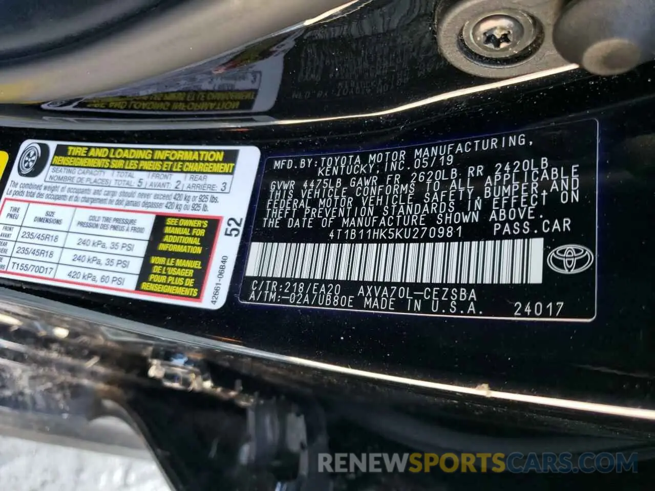 10 fotografías del automóvil dañado 4T1B11HK5KU270981 TOYOTA CAMRY 2019
