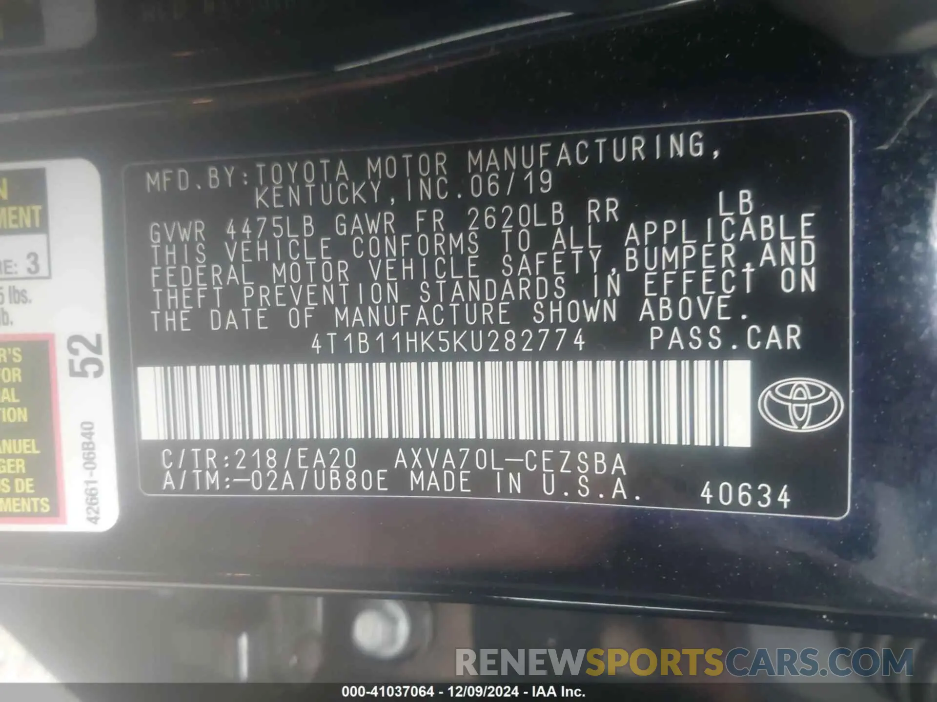 9 fotografías del automóvil dañado 4T1B11HK5KU282774 TOYOTA CAMRY 2019