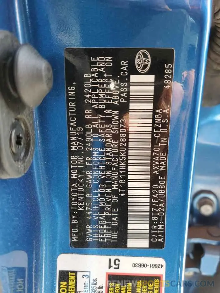 13 fotografías del automóvil dañado 4T1B11HK5KU288073 TOYOTA CAMRY 2019