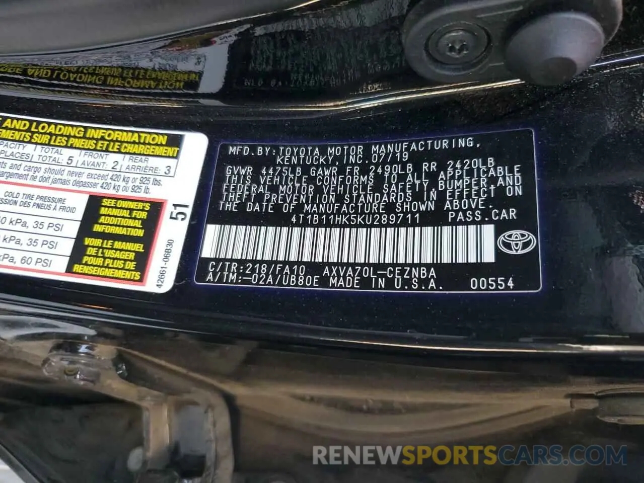 12 fotografías del automóvil dañado 4T1B11HK5KU289711 TOYOTA CAMRY 2019