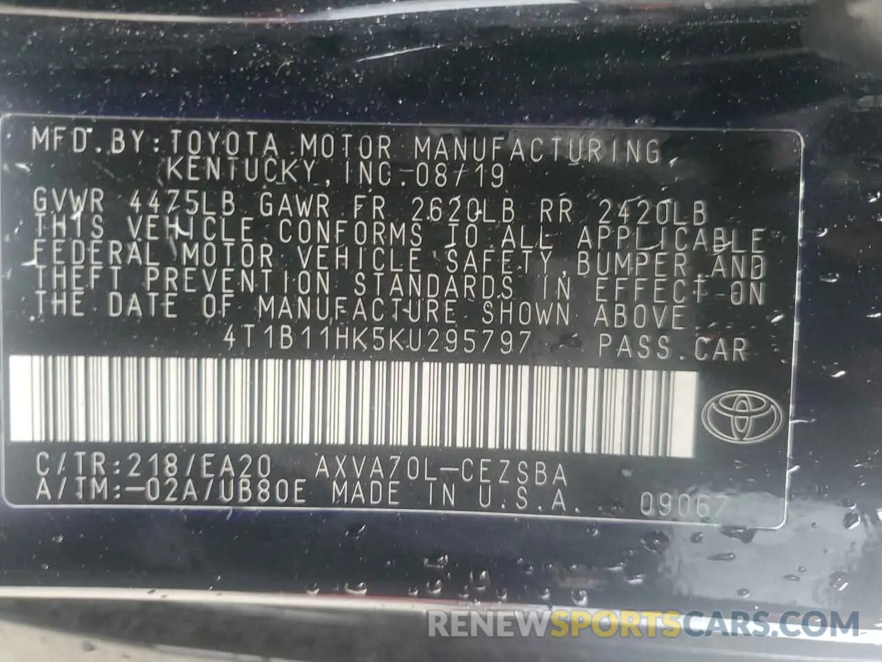 12 fotografías del automóvil dañado 4T1B11HK5KU295797 TOYOTA CAMRY 2019