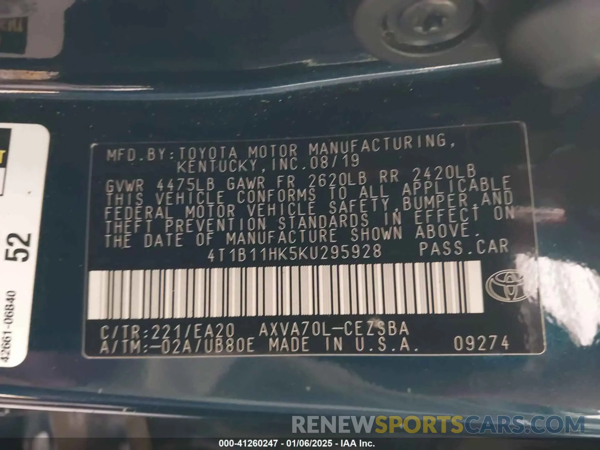 9 fotografías del automóvil dañado 4T1B11HK5KU295928 TOYOTA CAMRY 2019