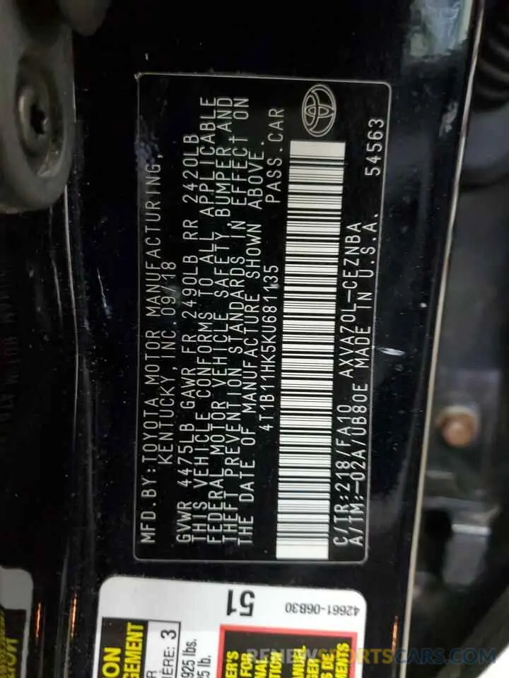 12 fotografías del automóvil dañado 4T1B11HK5KU681135 TOYOTA CAMRY 2019