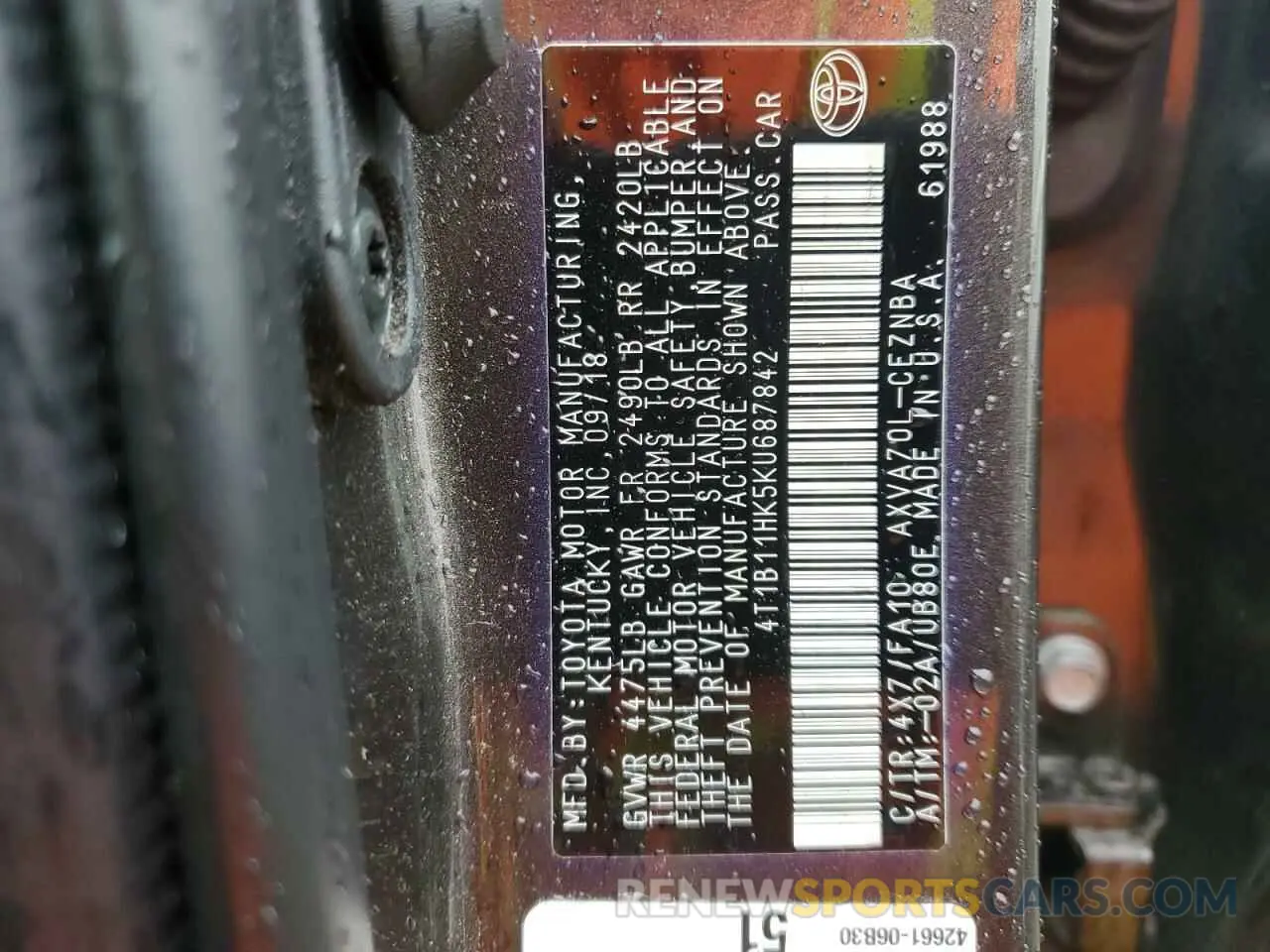 12 fotografías del automóvil dañado 4T1B11HK5KU687842 TOYOTA CAMRY 2019
