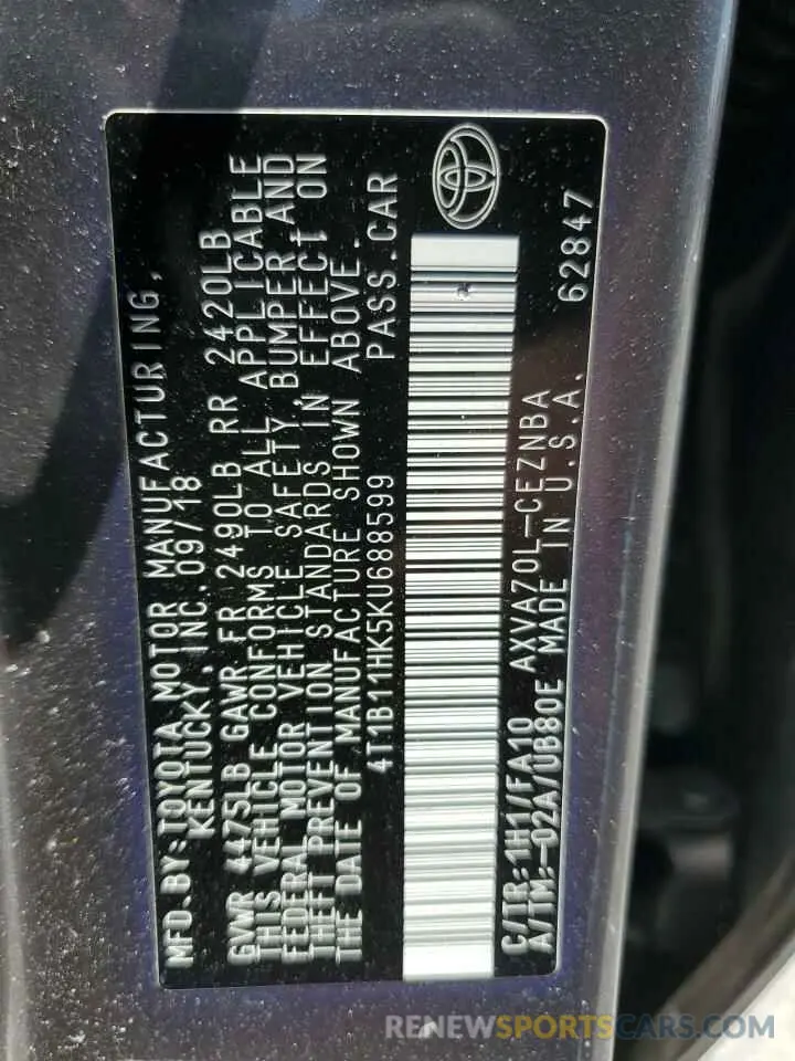 12 fotografías del automóvil dañado 4T1B11HK5KU688599 TOYOTA CAMRY 2019
