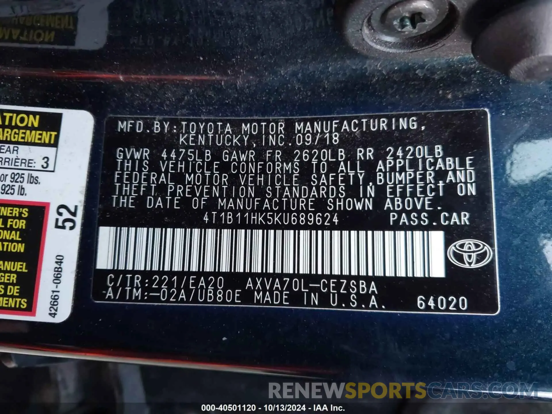 9 fotografías del automóvil dañado 4T1B11HK5KU689624 TOYOTA CAMRY 2019
