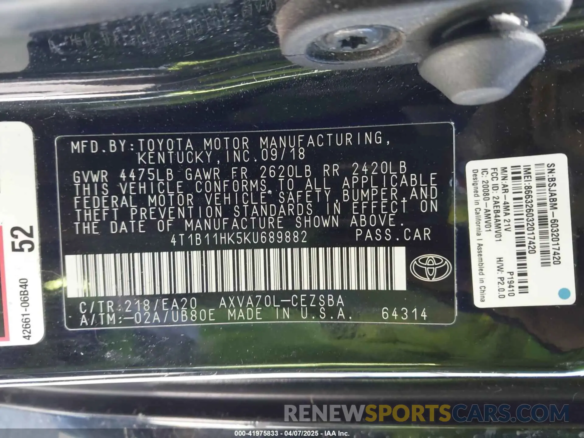 9 fotografías del automóvil dañado 4T1B11HK5KU689882 TOYOTA CAMRY 2019