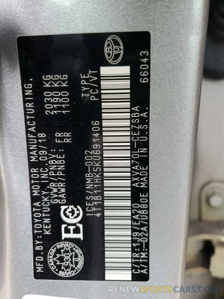 13 fotografías del automóvil dañado 4T1B11HK5KU691406 TOYOTA CAMRY 2019