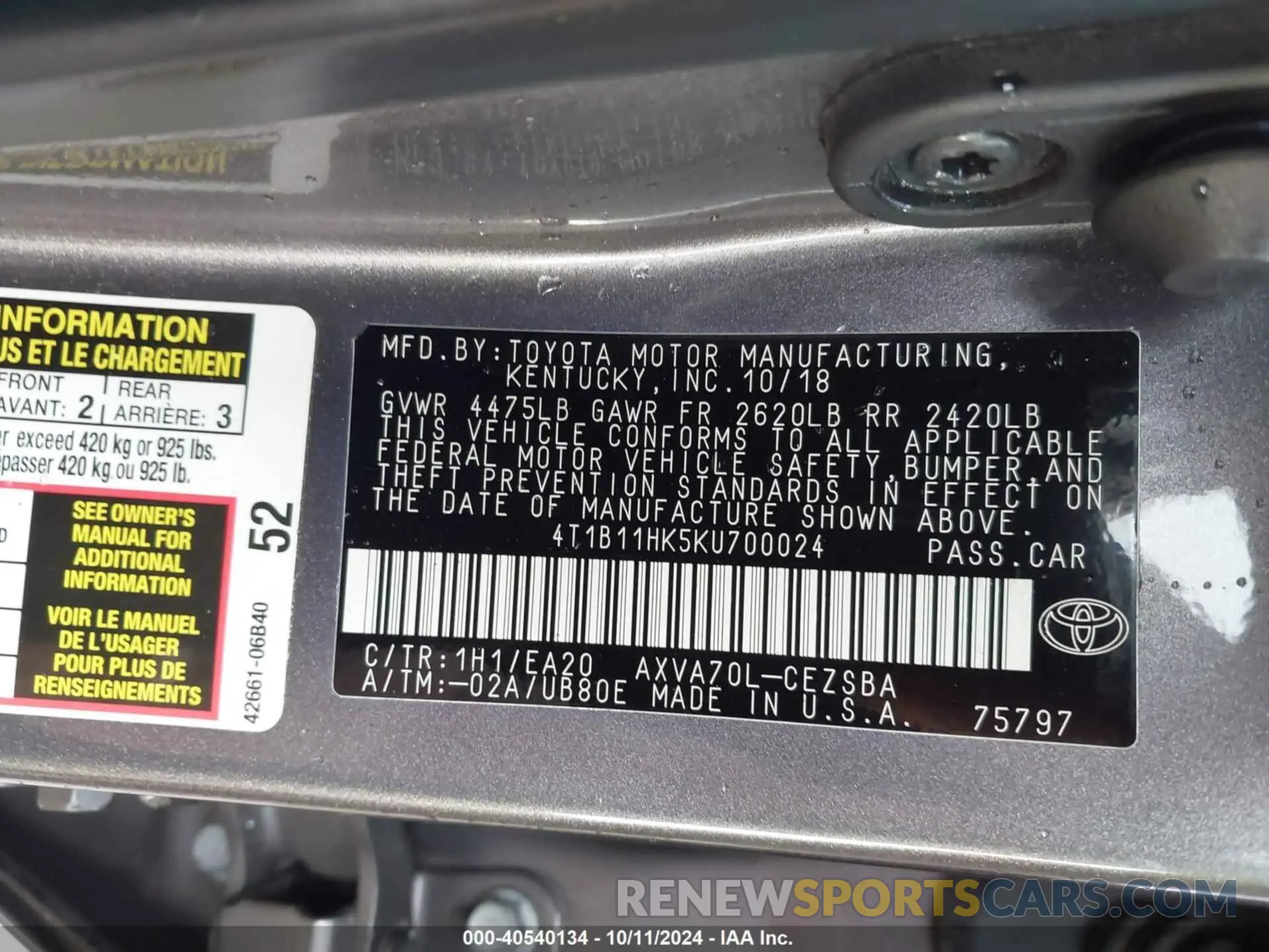 9 fotografías del automóvil dañado 4T1B11HK5KU700024 TOYOTA CAMRY 2019