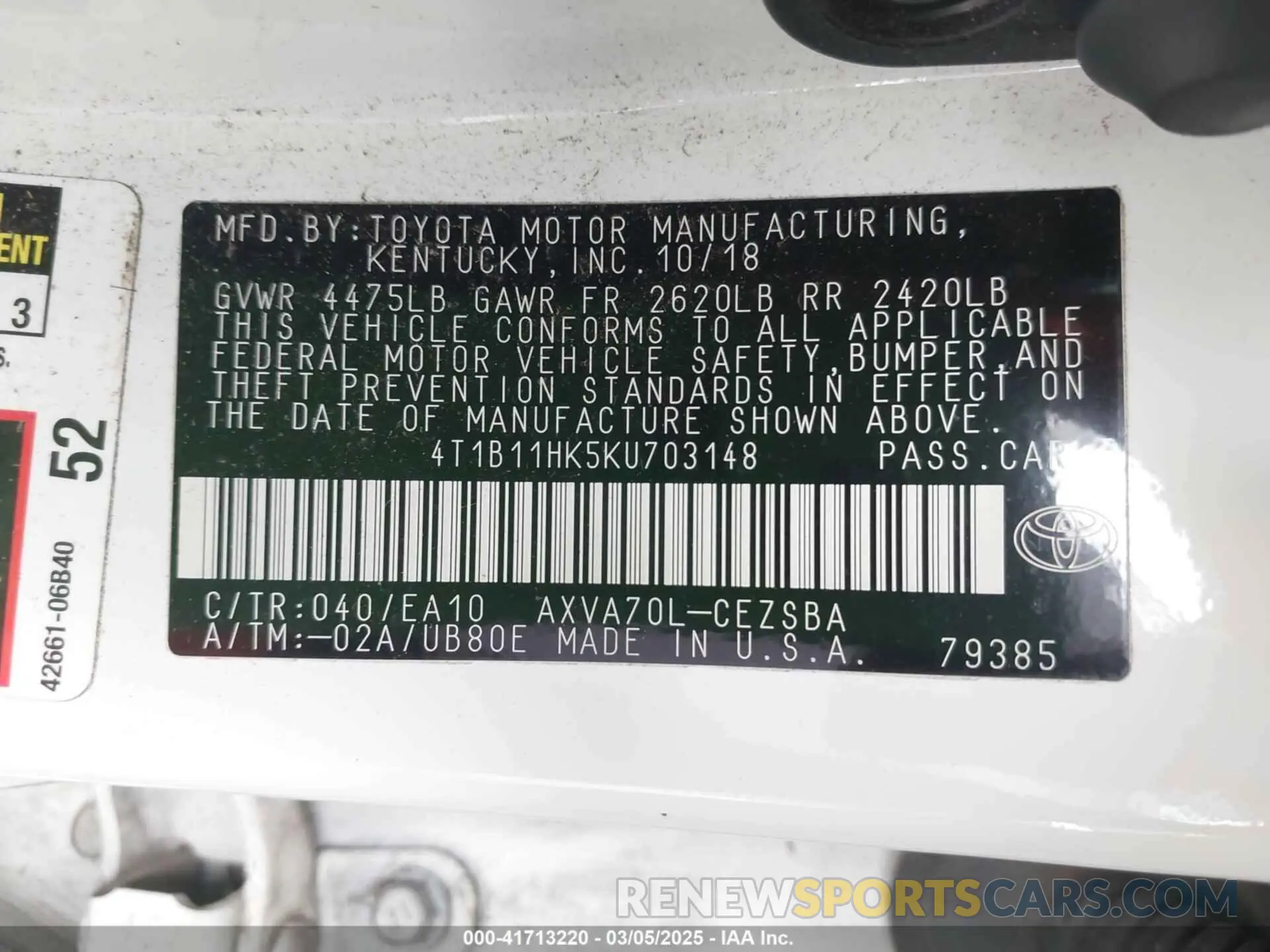 9 fotografías del automóvil dañado 4T1B11HK5KU703148 TOYOTA CAMRY 2019