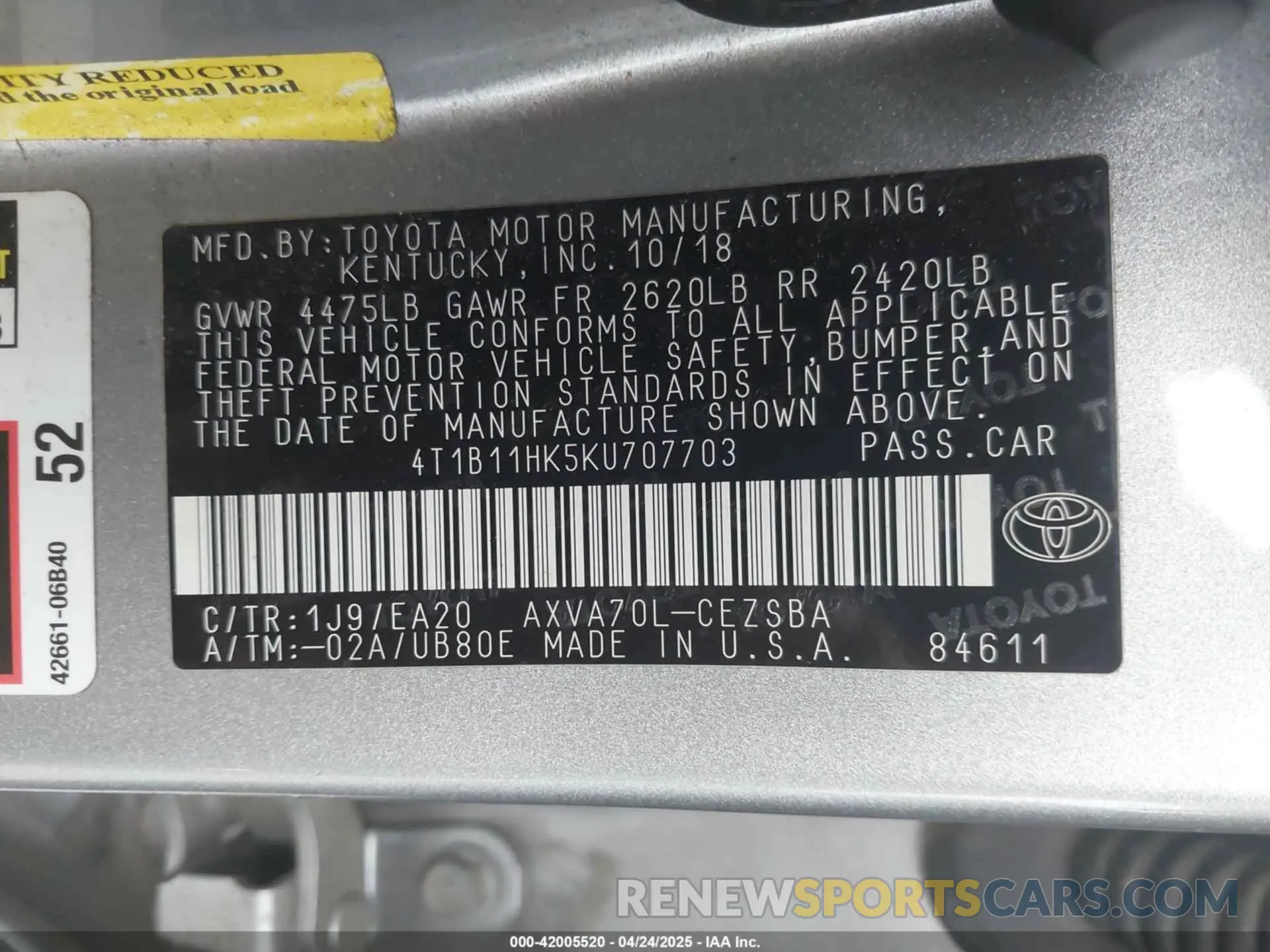 9 fotografías del automóvil dañado 4T1B11HK5KU707703 TOYOTA CAMRY 2019