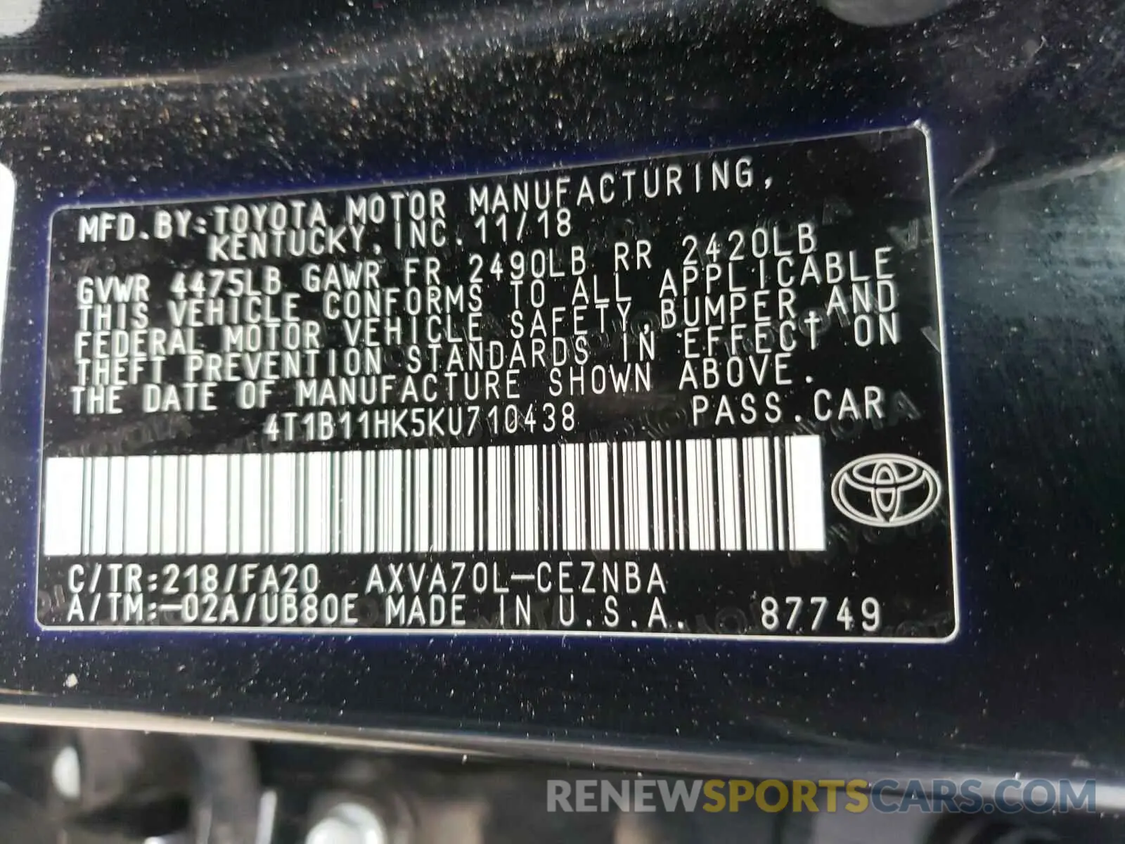 10 fotografías del automóvil dañado 4T1B11HK5KU710438 TOYOTA CAMRY 2019