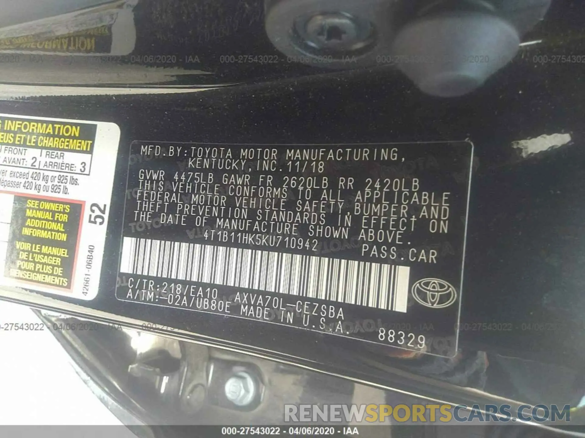 9 fotografías del automóvil dañado 4T1B11HK5KU710942 TOYOTA CAMRY 2019