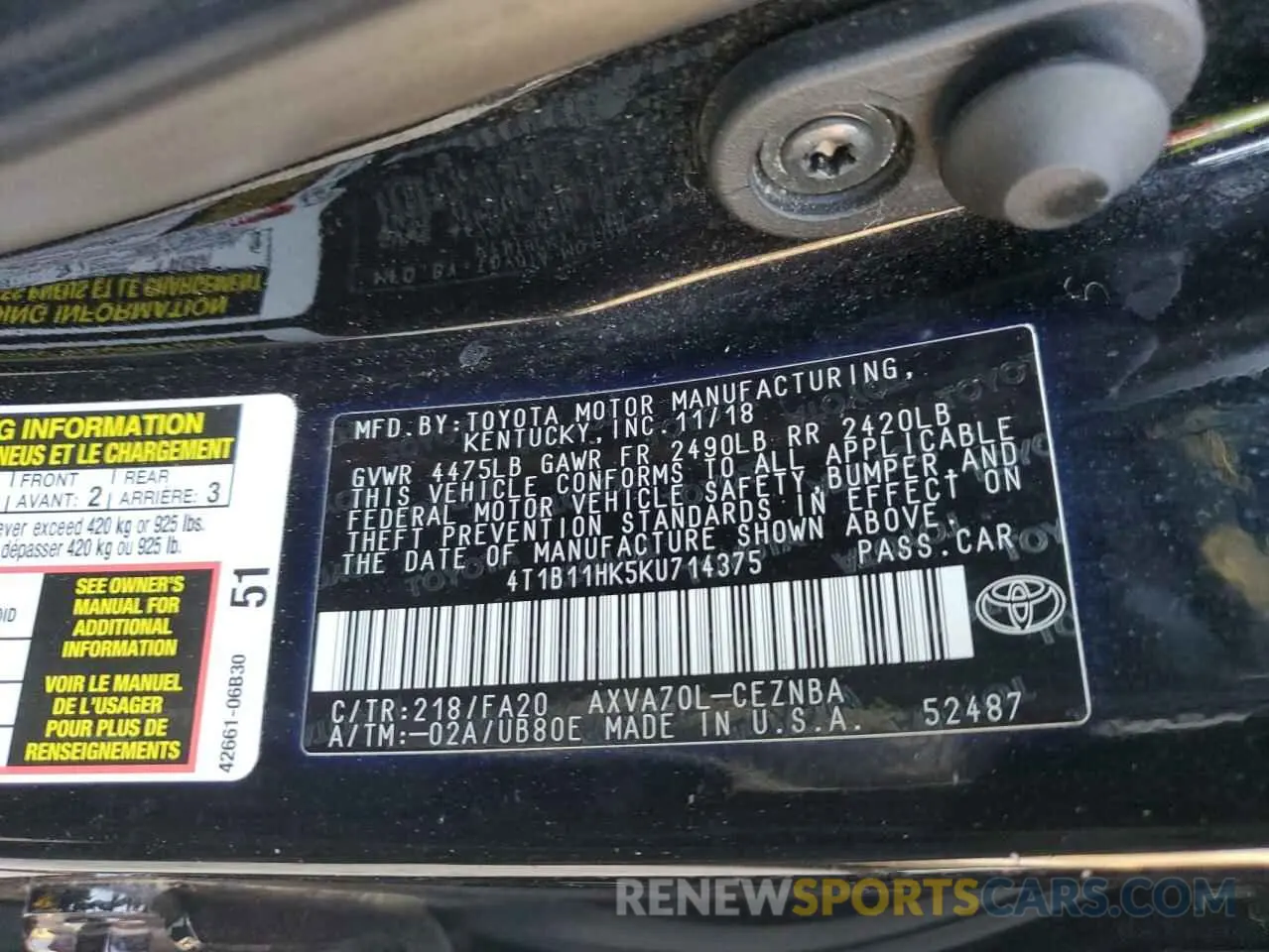 12 fotografías del automóvil dañado 4T1B11HK5KU714375 TOYOTA CAMRY 2019