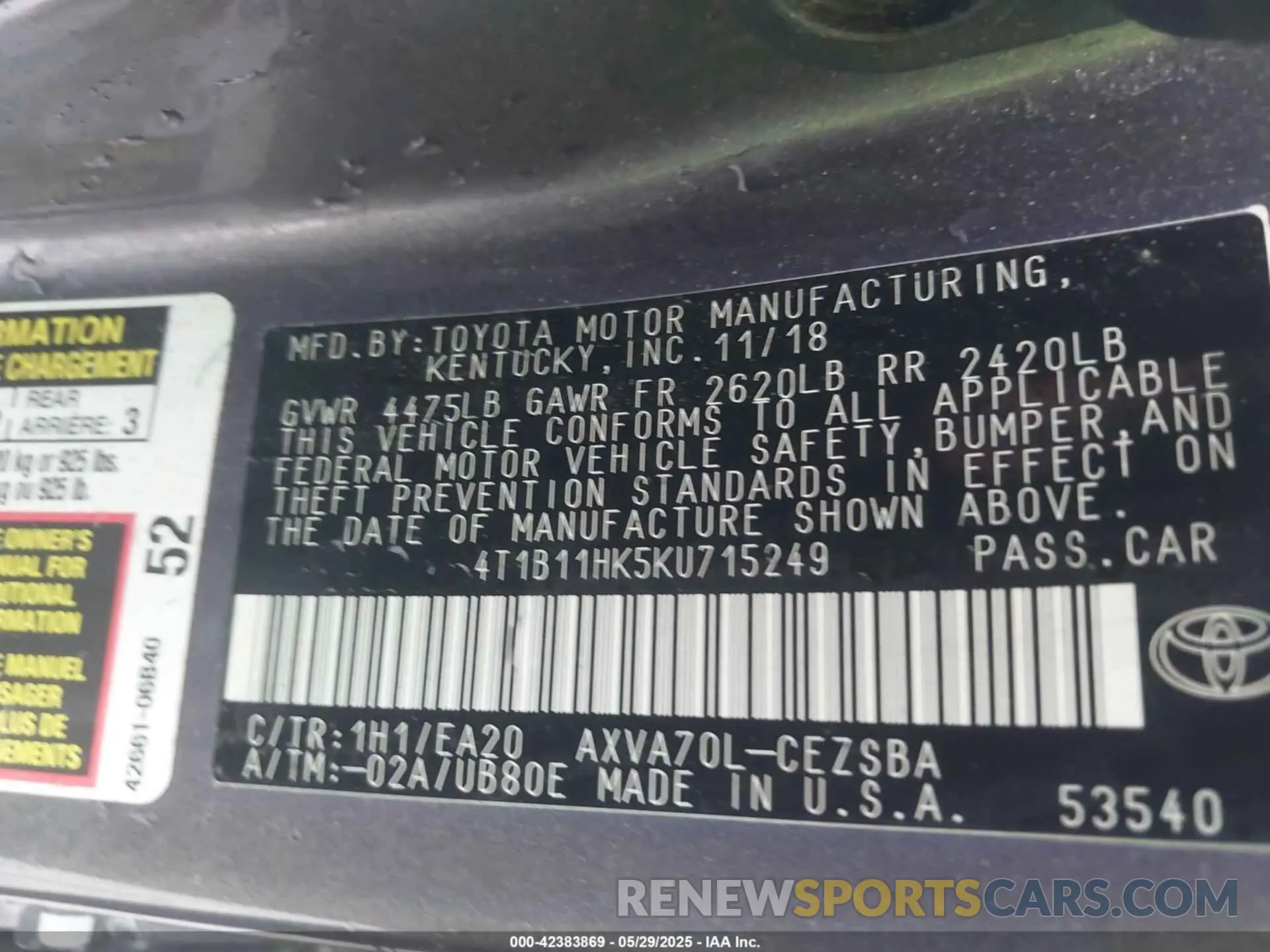 9 fotografías del automóvil dañado 4T1B11HK5KU715249 TOYOTA CAMRY 2019