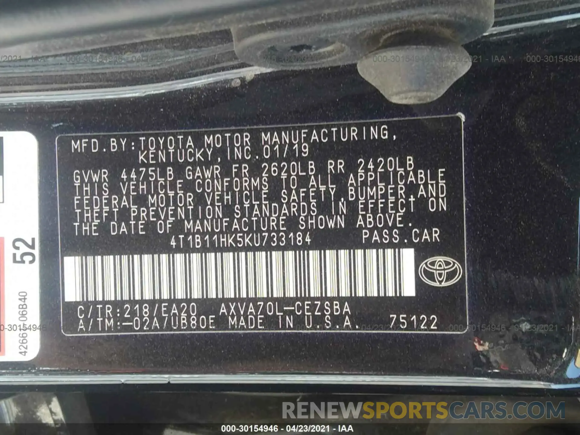 9 fotografías del automóvil dañado 4T1B11HK5KU733184 TOYOTA CAMRY 2019
