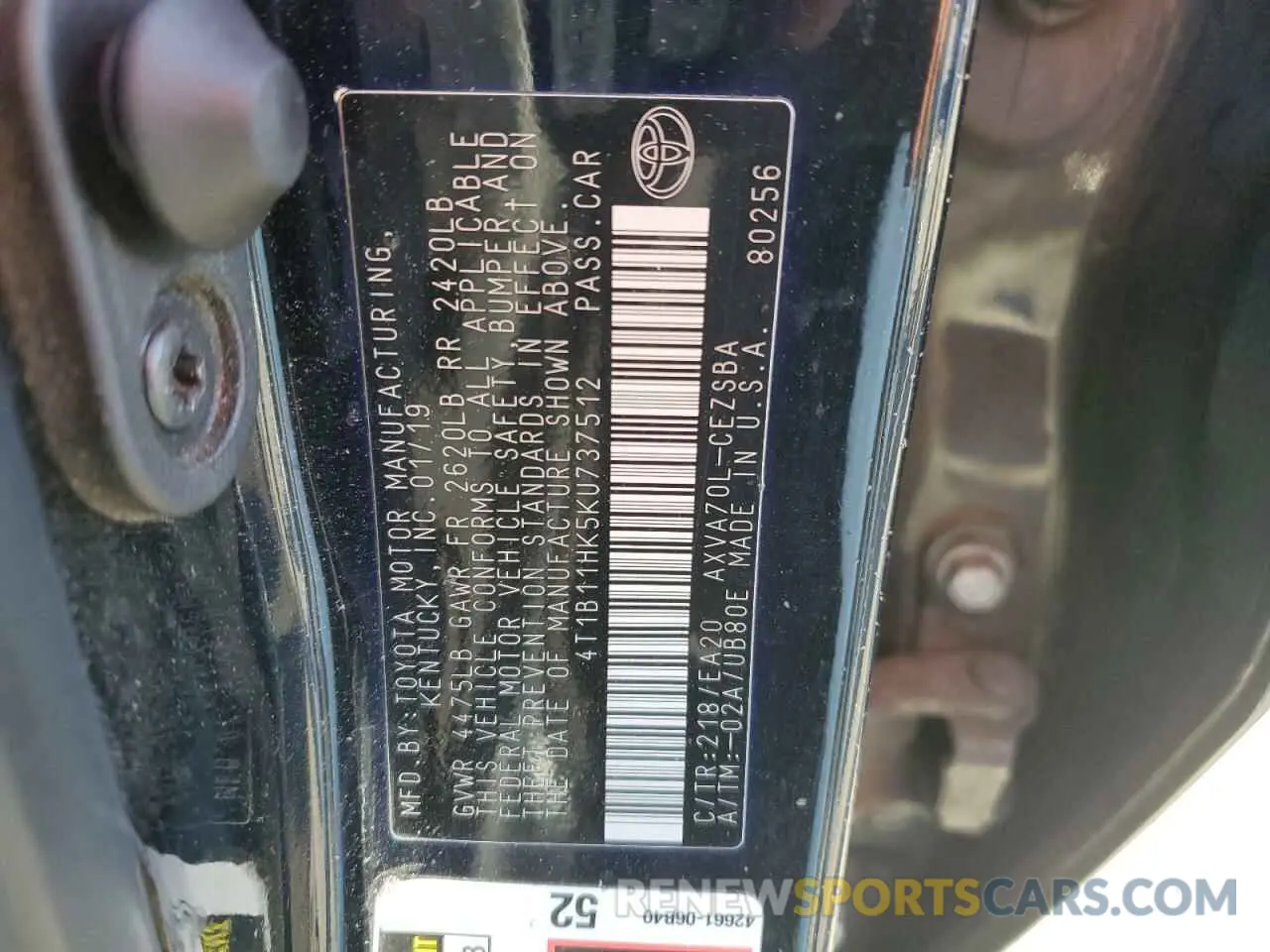 12 fotografías del automóvil dañado 4T1B11HK5KU737512 TOYOTA CAMRY 2019