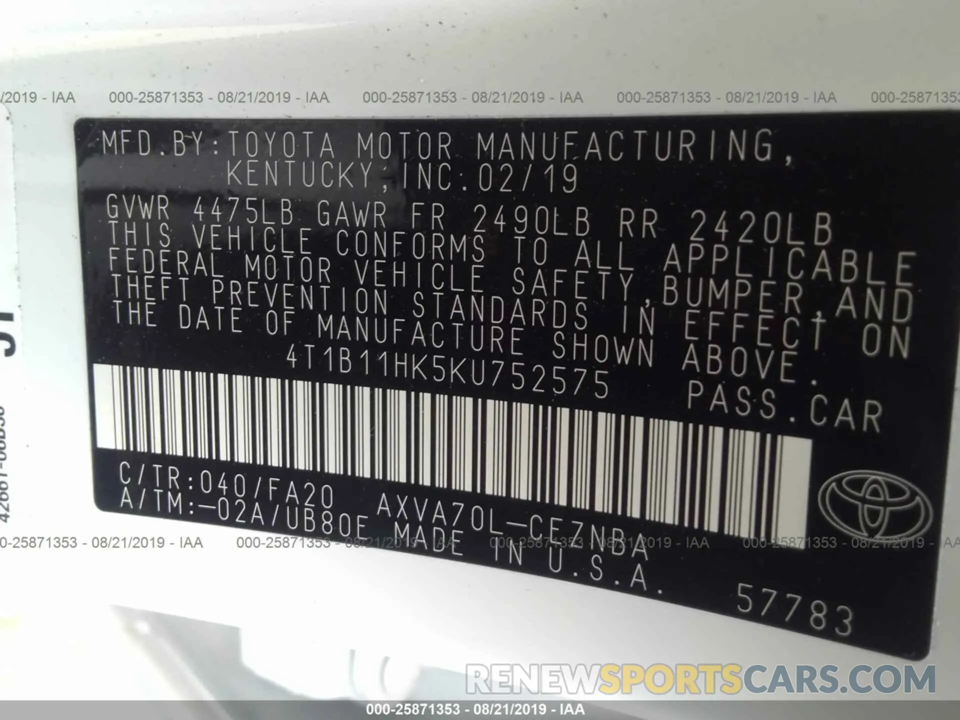 9 fotografías del automóvil dañado 4T1B11HK5KU752575 TOYOTA CAMRY 2019