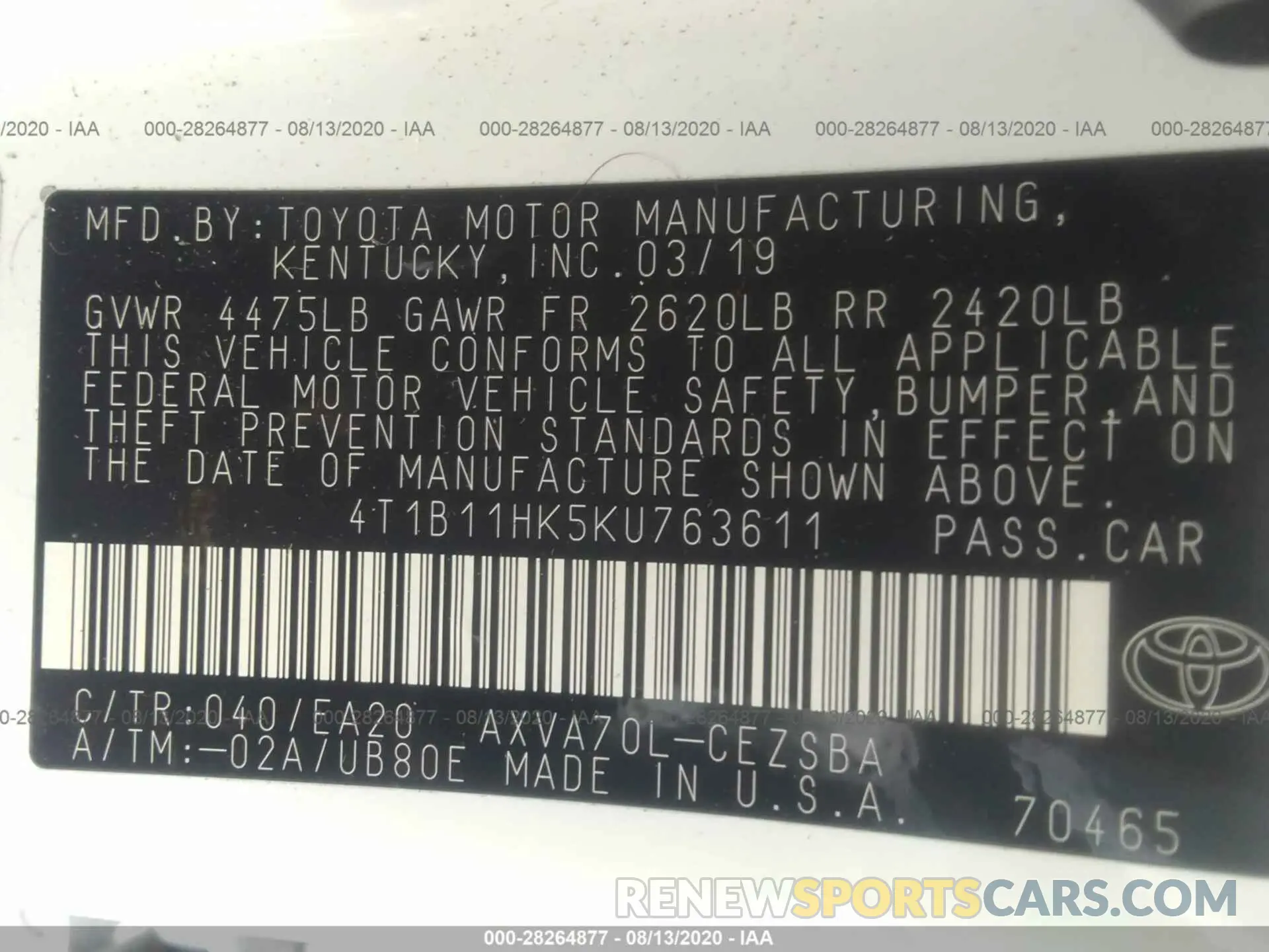 9 fotografías del automóvil dañado 4T1B11HK5KU763611 TOYOTA CAMRY 2019