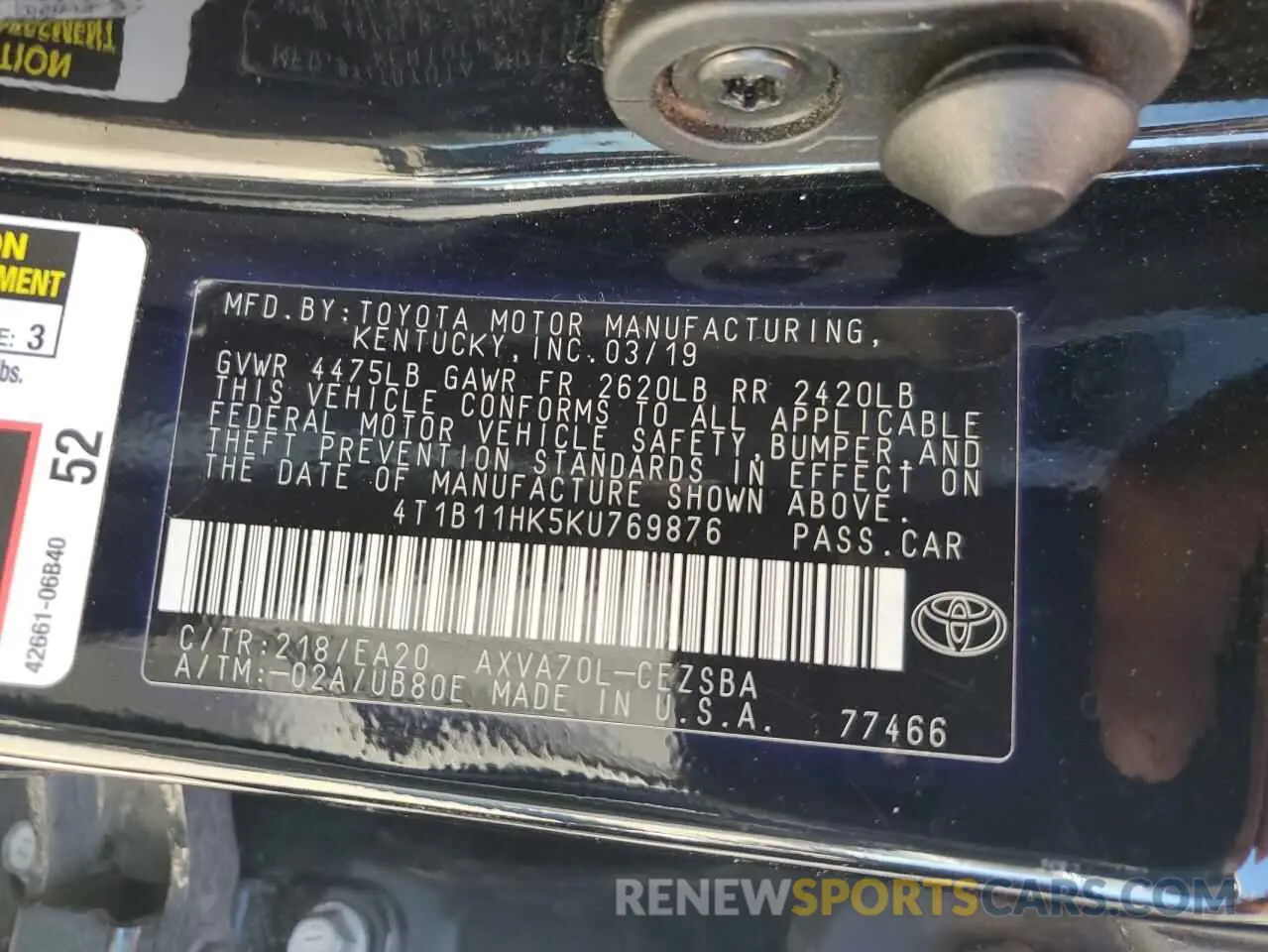 12 fotografías del automóvil dañado 4T1B11HK5KU769876 TOYOTA CAMRY 2019