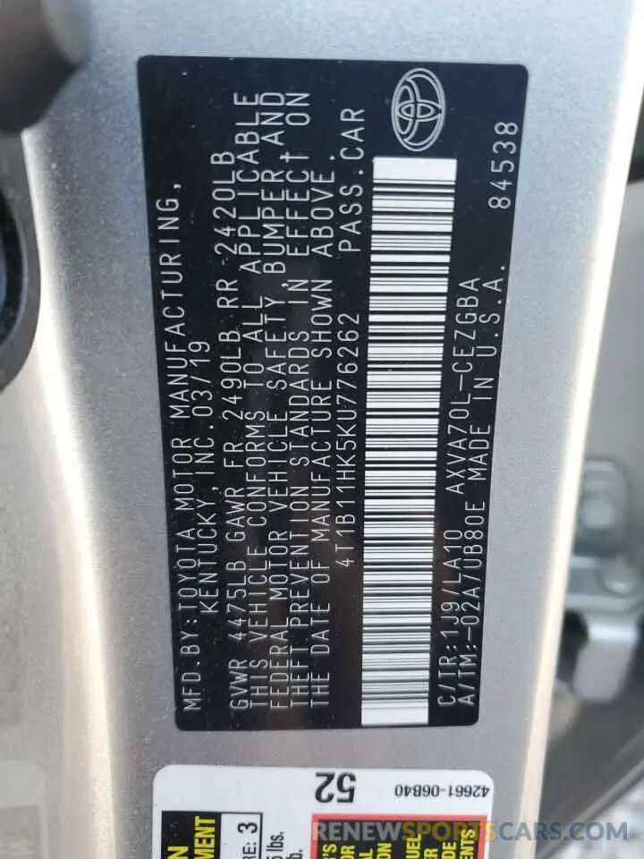 12 fotografías del automóvil dañado 4T1B11HK5KU776262 TOYOTA CAMRY 2019