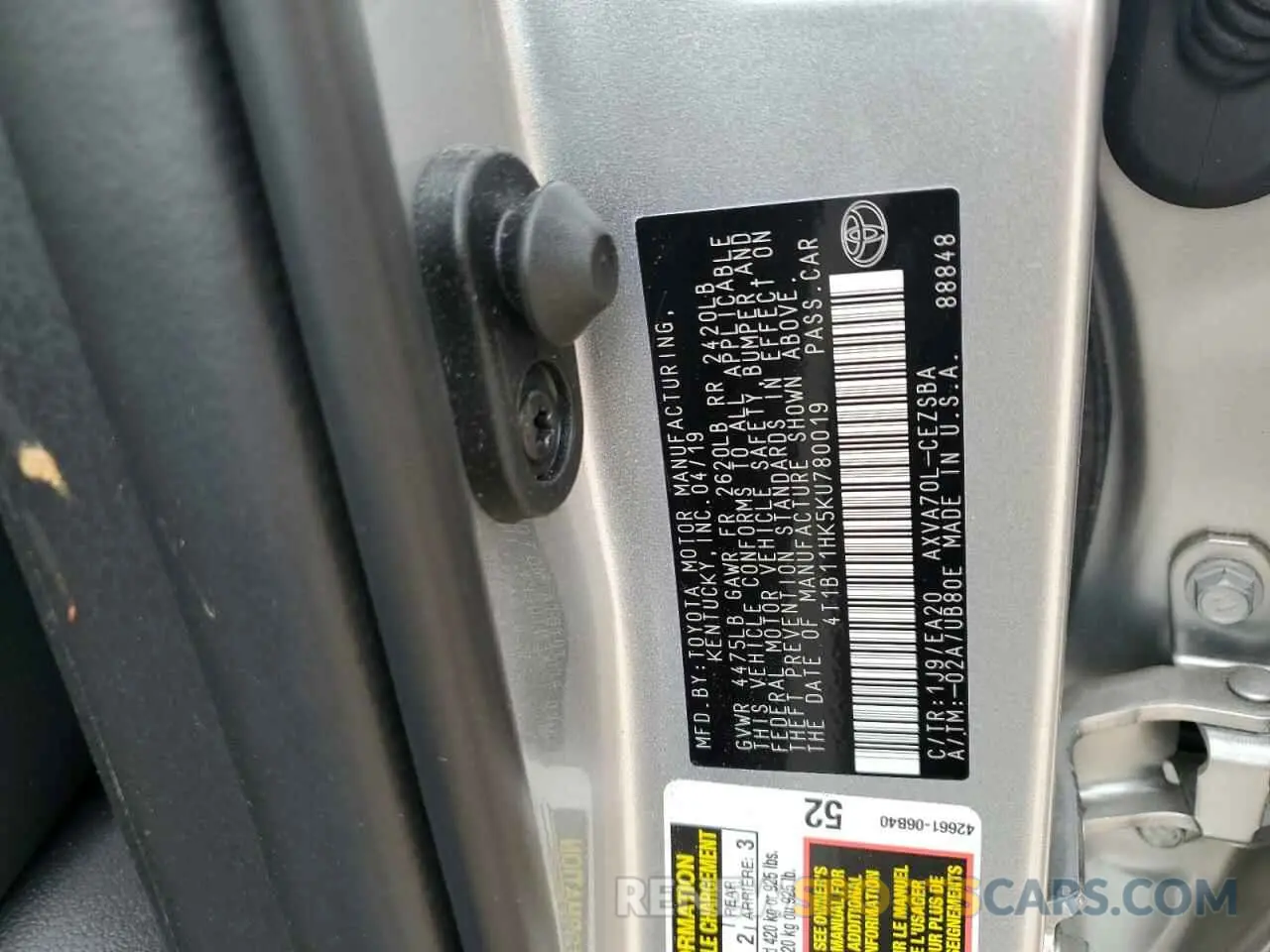 12 fotografías del automóvil dañado 4T1B11HK5KU780019 TOYOTA CAMRY 2019