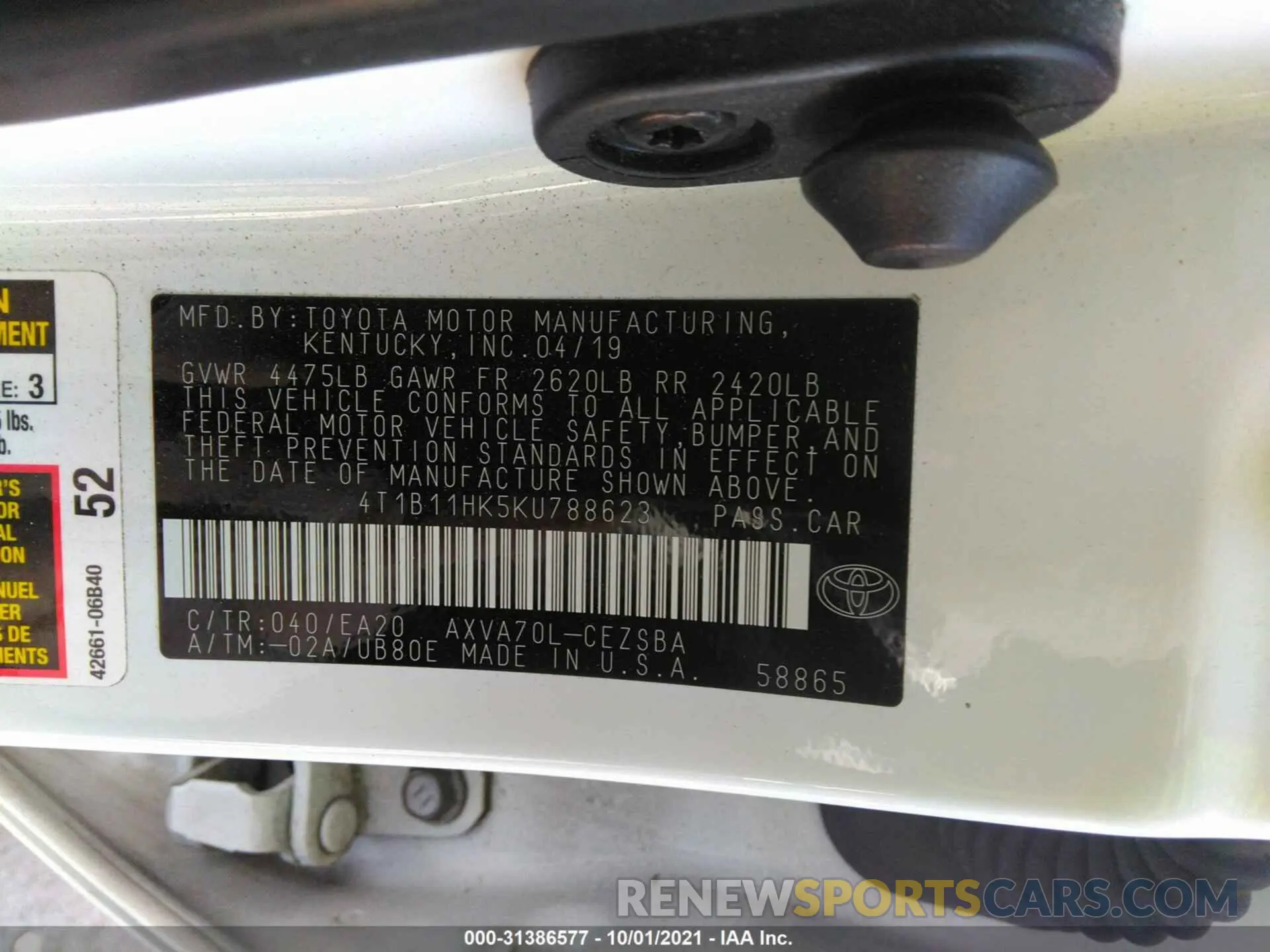 9 fotografías del automóvil dañado 4T1B11HK5KU788623 TOYOTA CAMRY 2019