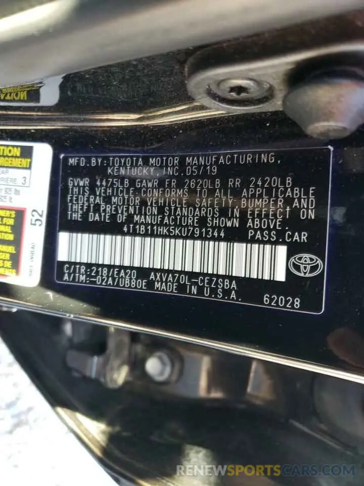 10 fotografías del automóvil dañado 4T1B11HK5KU791344 TOYOTA CAMRY 2019