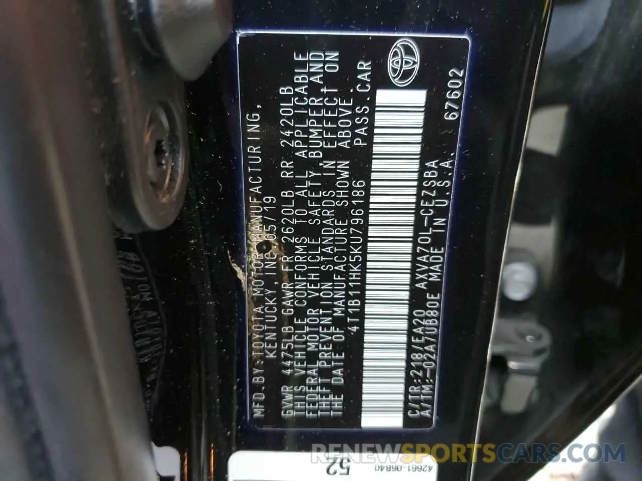 13 fotografías del automóvil dañado 4T1B11HK5KU796186 TOYOTA CAMRY 2019