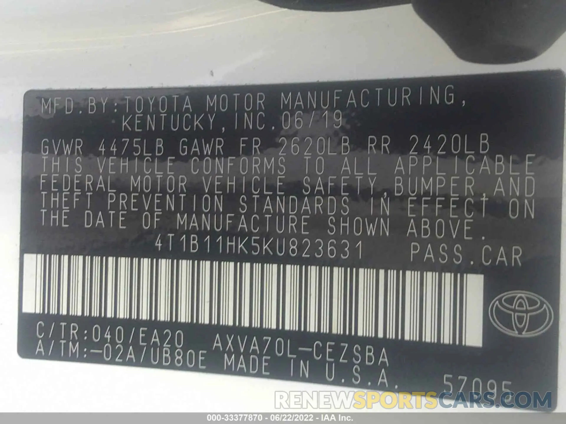 9 fotografías del automóvil dañado 4T1B11HK5KU823631 TOYOTA CAMRY 2019