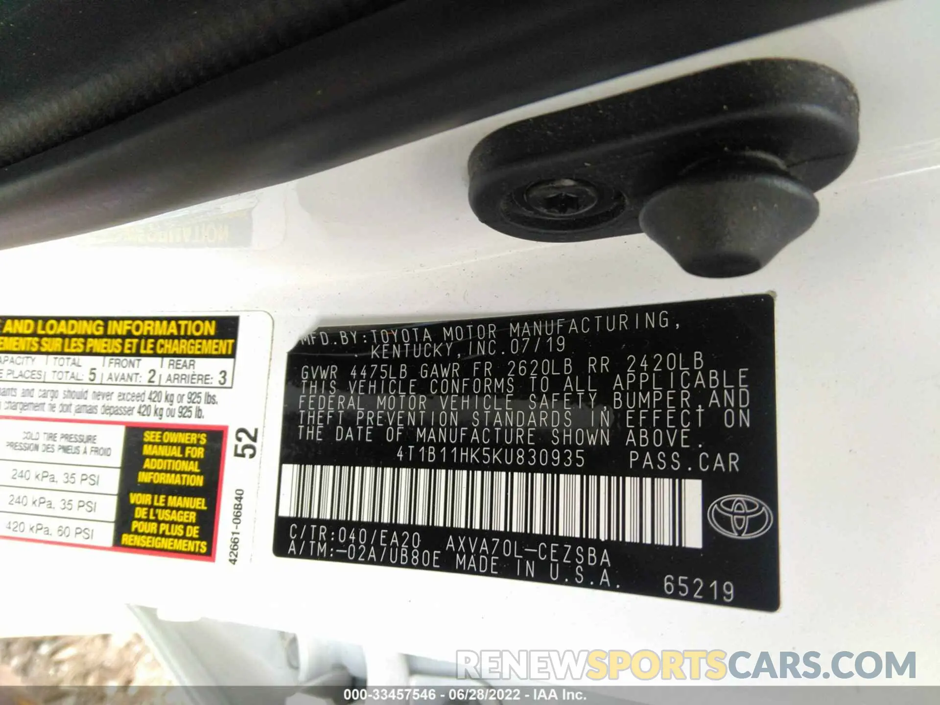 9 fotografías del automóvil dañado 4T1B11HK5KU830935 TOYOTA CAMRY 2019