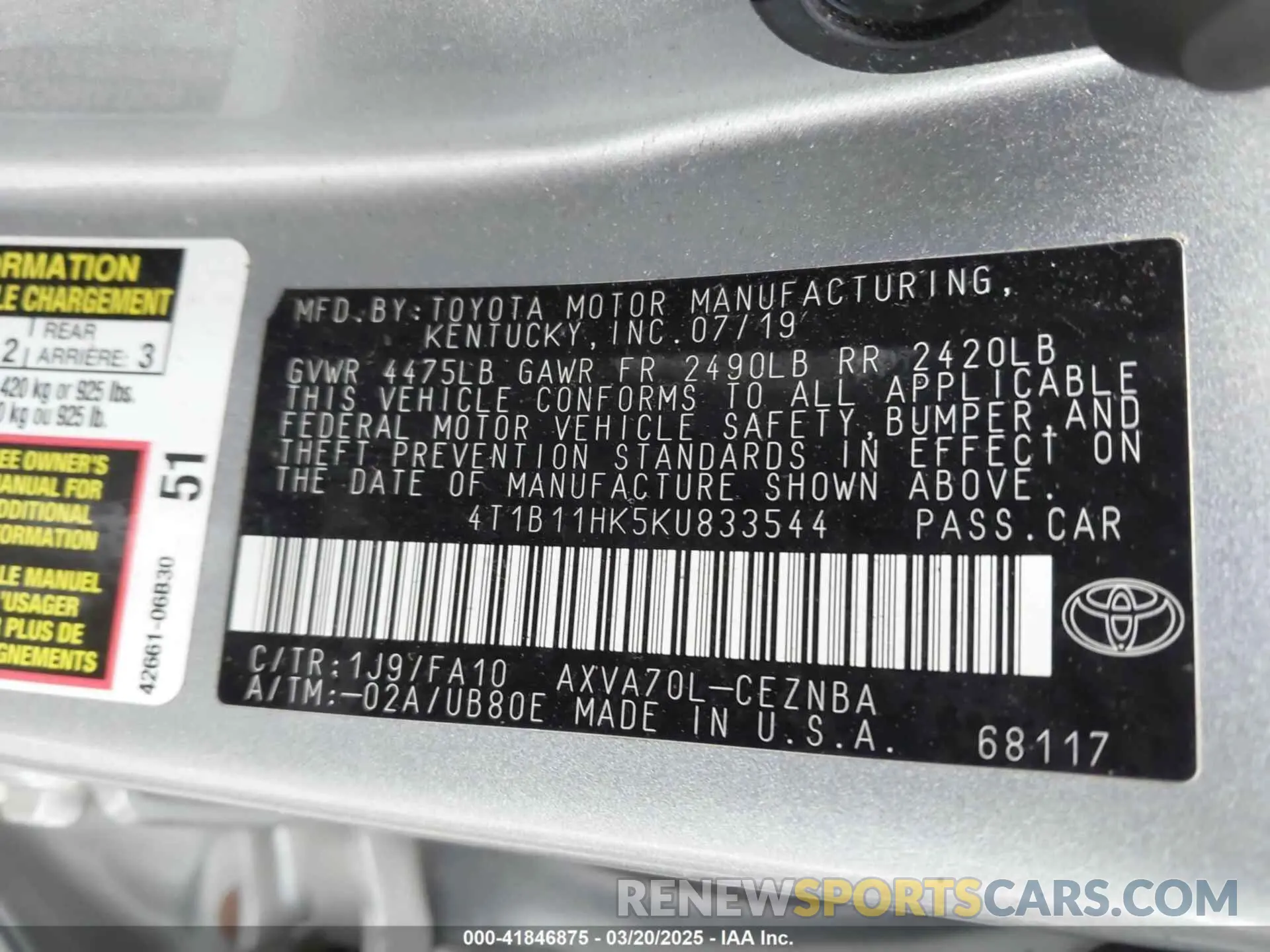 9 fotografías del automóvil dañado 4T1B11HK5KU833544 TOYOTA CAMRY 2019