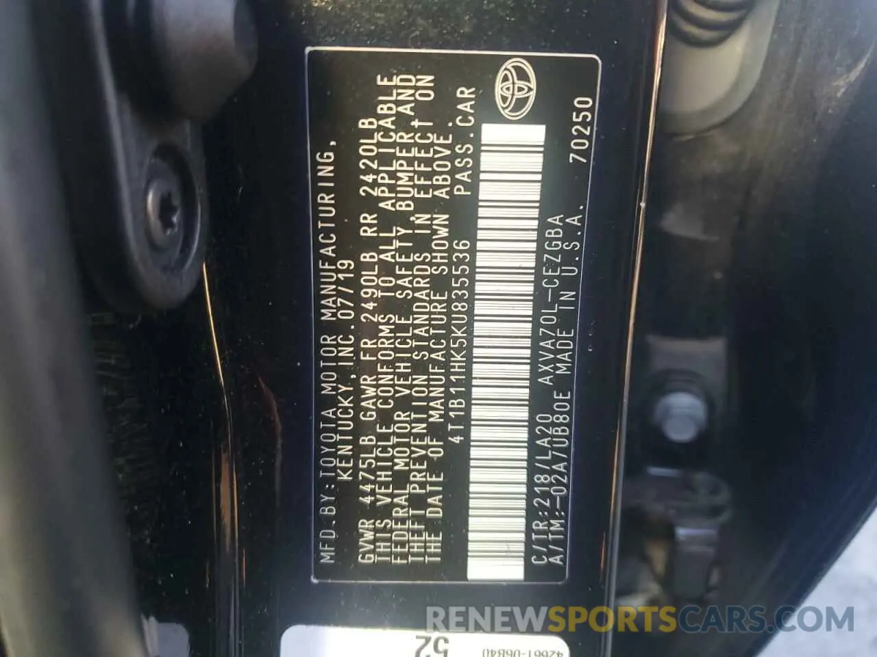 12 fotografías del automóvil dañado 4T1B11HK5KU835536 TOYOTA CAMRY 2019