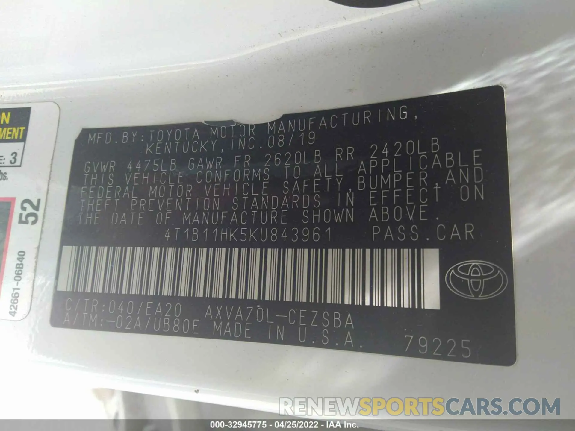 9 fotografías del automóvil dañado 4T1B11HK5KU843961 TOYOTA CAMRY 2019
