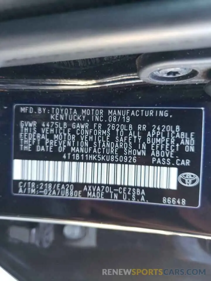 10 fotografías del automóvil dañado 4T1B11HK5KU850926 TOYOTA CAMRY 2019