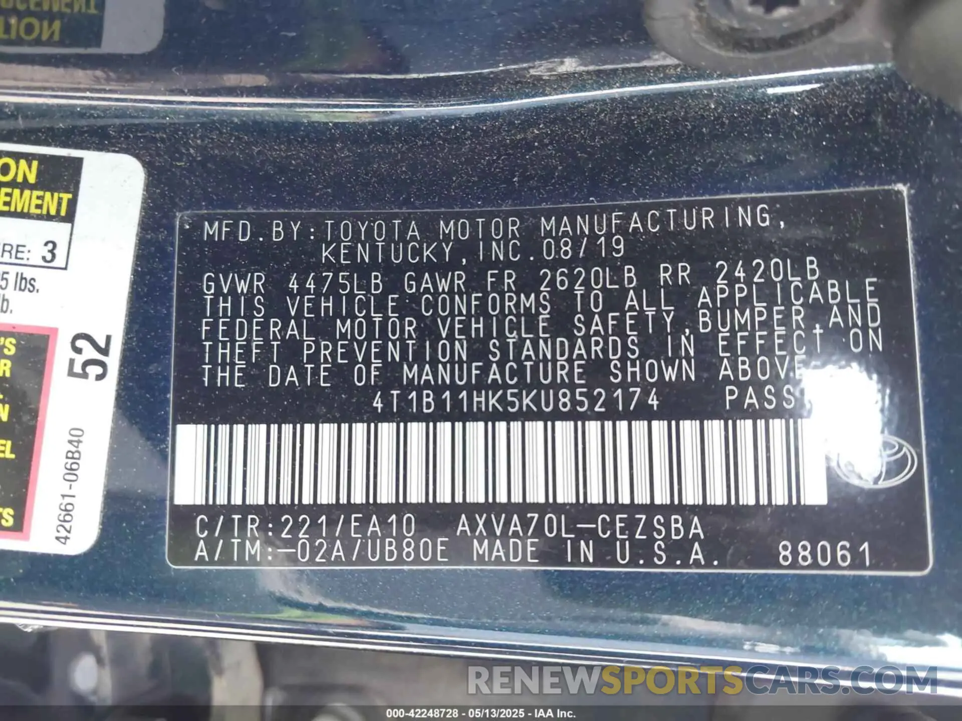 9 fotografías del automóvil dañado 4T1B11HK5KU852174 TOYOTA CAMRY 2019