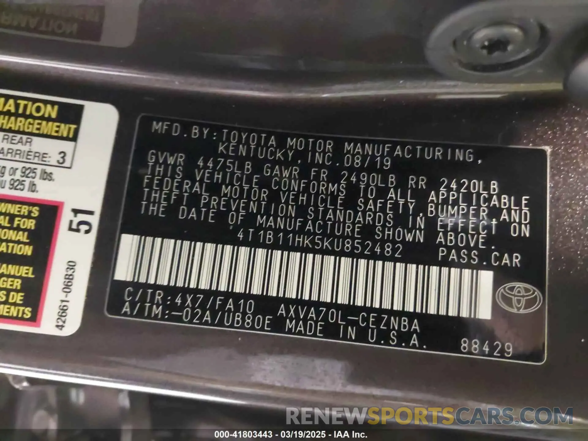 9 fotografías del automóvil dañado 4T1B11HK5KU852482 TOYOTA CAMRY 2019