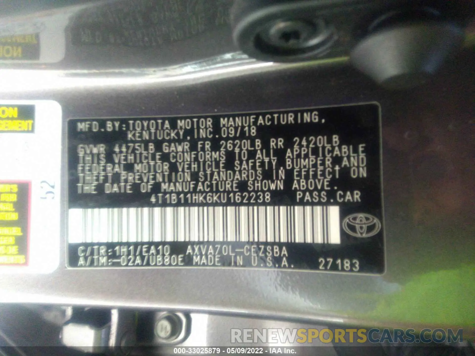 9 fotografías del automóvil dañado 4T1B11HK6KU162238 TOYOTA CAMRY 2019